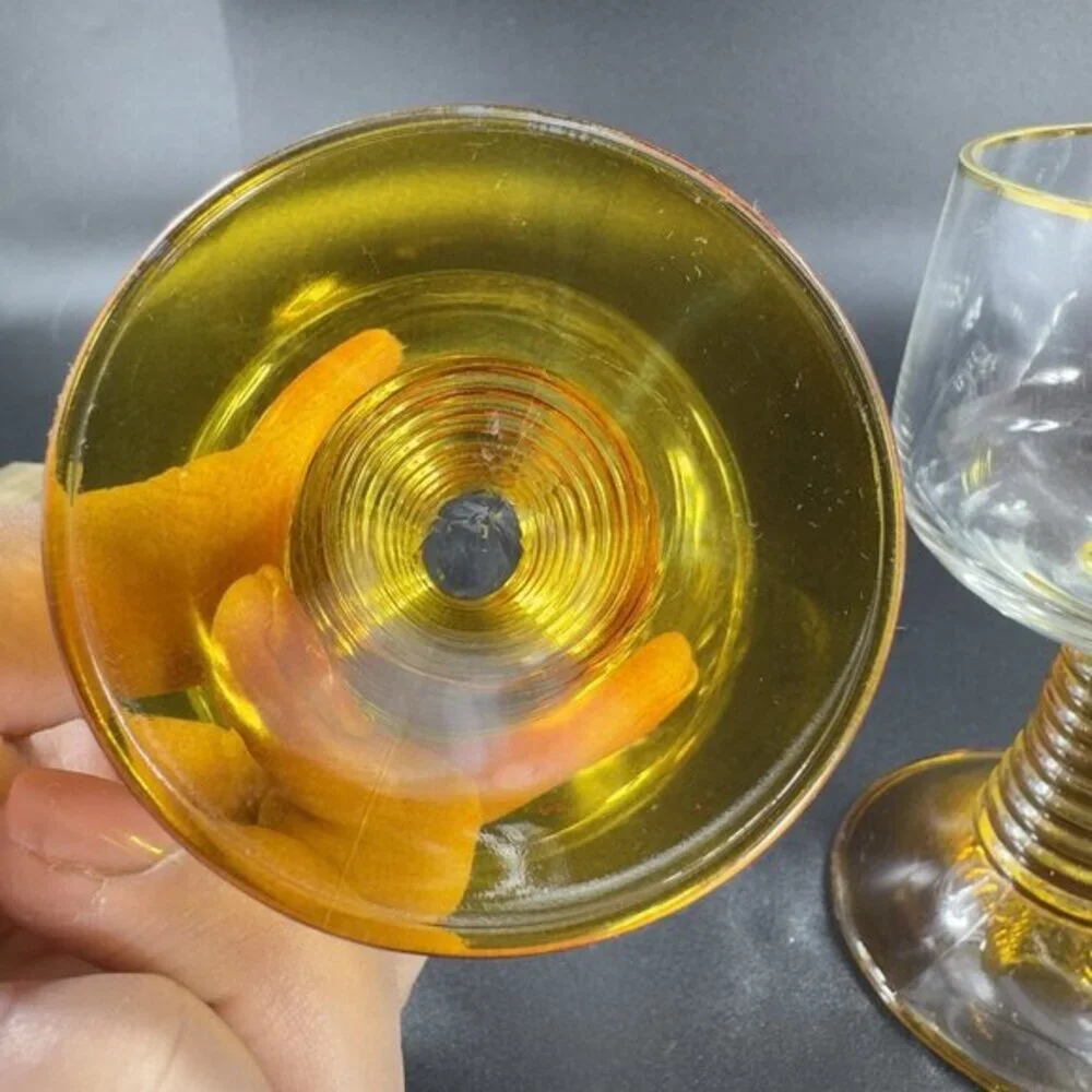 Vintage Roemer Glasses Cups Beehive Stems Glasses Set 2 Flashed‎ Amber Glass VTG
